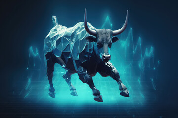 Metallic blue bull or bullish with market trend in crypto currency or stocks. Trade exchange background, up arrow graph for increase in rates.3d render illustration. Generative AI. - obrazy, fototapety, plakaty