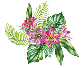 Tropical leaves and lilies bouquet isolated