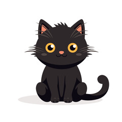 Vector Flat Black Cat. Cartoon Cat Icon Isolated. Black Cute and Funny Cat in Front View
