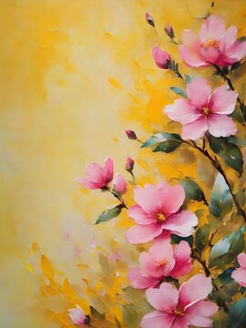 Cute closeup cherry blossom flower on yellow background Vibrant hand drawn acryl paint modern wed greet card design style. Bright red color fresh briar bud petal bunch light ornate paper decor ,