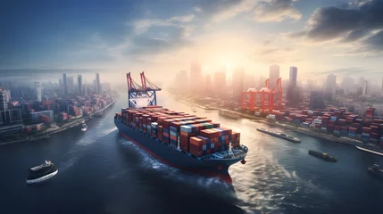Foto op Canvas aerial view of container ship cruising past a bustling city skyline,essence of global trade and commerce. © Ziyan