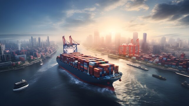 aerial view of container ship cruising past a bustling city skyline,essence of global trade and commerce.