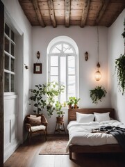 small boho bedroom with plants and window ,amazing view , room decor ,fairytale theme
