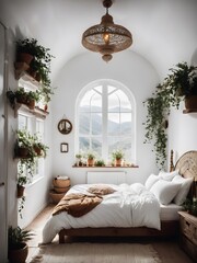 small boho bedroom with plants and window ,amazing view , room decor ,fairytale theme
