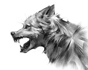 drawing of a snarling dog on a white background - 696133966