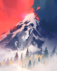 painted a colorful landscape. Mountain peak against the background of bright sky