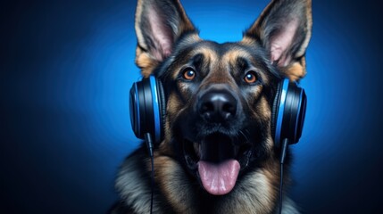 German shepherd dog listening to music with headphones on a blue background. - obrazy, fototapety, plakaty