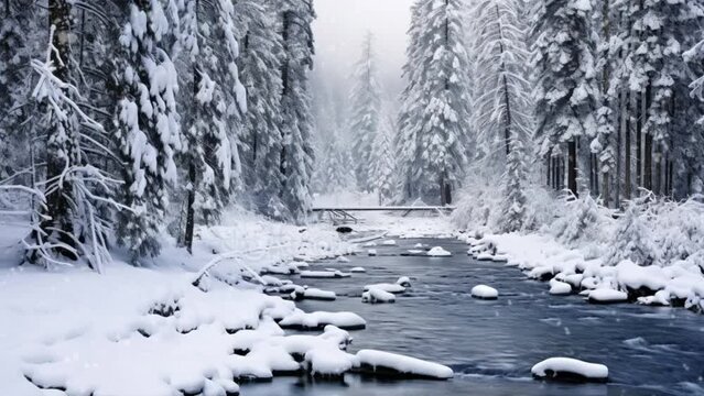 Winter in the middle of the forest with a
 snow covered stream. seamless looping  time-lapse virtual video animation background