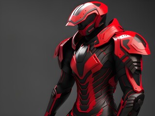 futuristic warrior with a armor and red hood - obrazy, fototapety, plakaty