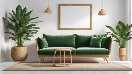 modern living room with velvet green sofa ,interior wall mockup wall tones with ,with plants,mockup big frame of wall  ,tropical theme ,3d rending , lamp