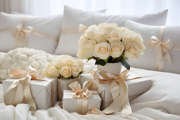 In an elegant white bedroom, wedding gifts and flowers are displayed,