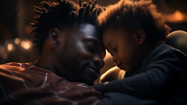 a man and child snuggling in bed at night