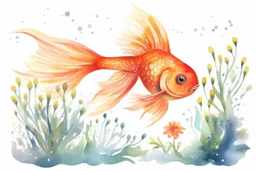 Fotobehang Nature art fish background water pet aquarium animal aquatic goldfish illustration watercolor © SHOTPRIME STUDIO