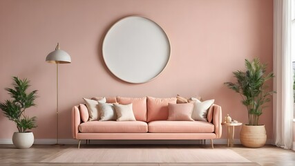 modern living room with pink sofa ,interior wall mockup wall tones with  pastel pink colour ,with plants,mockup big frame of wall  ,3d rending  - obrazy, fototapety, plakaty
