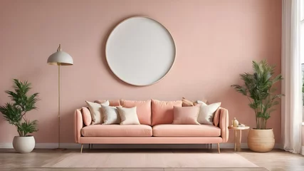 Foto op Plexiglas modern living room with pink sofa ,interior wall mockup wall tones with  pastel pink colour ,with plants,mockup big frame of wall  ,3d rending  © monu