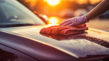 a hand wiping a car window with a towel - obrazy, fototapety, plakaty