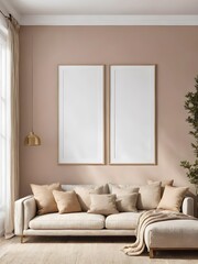 modern living room with curb light sofa chair ,interior wall mockup frame on the  beige colour wall boho style ,with plants ,3d rending
