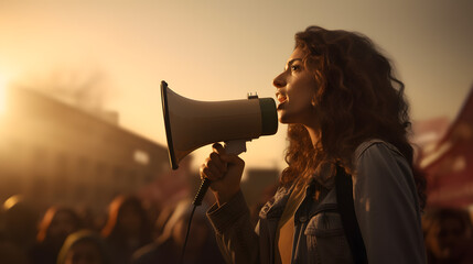 Angry female activist shouts protest over unfair treatment against her in the evening light, with several other protesters surrounding her. - obrazy, fototapety, plakaty