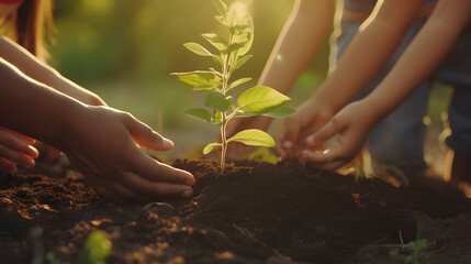 Fototapeta premium Close up of hand Diverse family planting trees, Family love expressed in working together to plant trees.