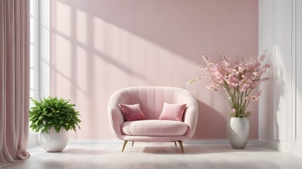 Poster frame mock up in modern bright living room design, pink ad white furniture on minimal wall background, 3d render, 3d illustration