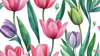 Fototapeta premium Pattern with tulip flowers watercolor on white background. beautiful floral pattern with watercolor flowers. watercolor flowers. seamless pattern. watercolor tulips.
