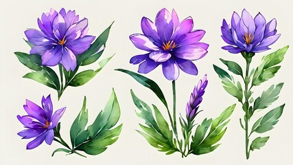 set of purple flower with leaves oil painting and watercolour on white background , illustration
 - obrazy, fototapety, plakaty