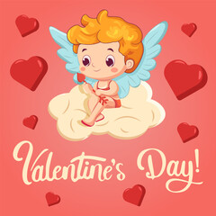 Cute cupid sits on a cloud with a love arrow in his hand surrounded by hearts with elegant lettering. Vector cartoon illustration