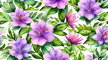 purple and white flowers ,watercolor lavender seamless pattern on white background ,lavender flower and green leaves, isolated image ,vector , illustration ,3d .