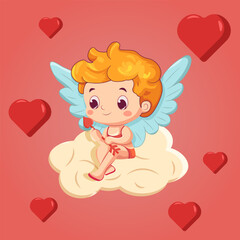 Cute cupid sits on a cloud with a love arrow in his hand surrounded by hearts. Vector cartoon illustration