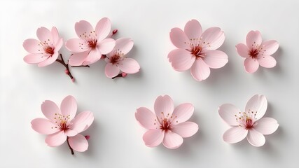 Pink cherry blossom element set isolated on light white  background. Including flower blossoms, petals, branch and bud.,3d rendering 