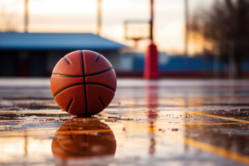 A deflated basketball next to an empty court, depicting the disappointment of canceled sports events. Concept of challenges in sports and event planning. Generative Ai.