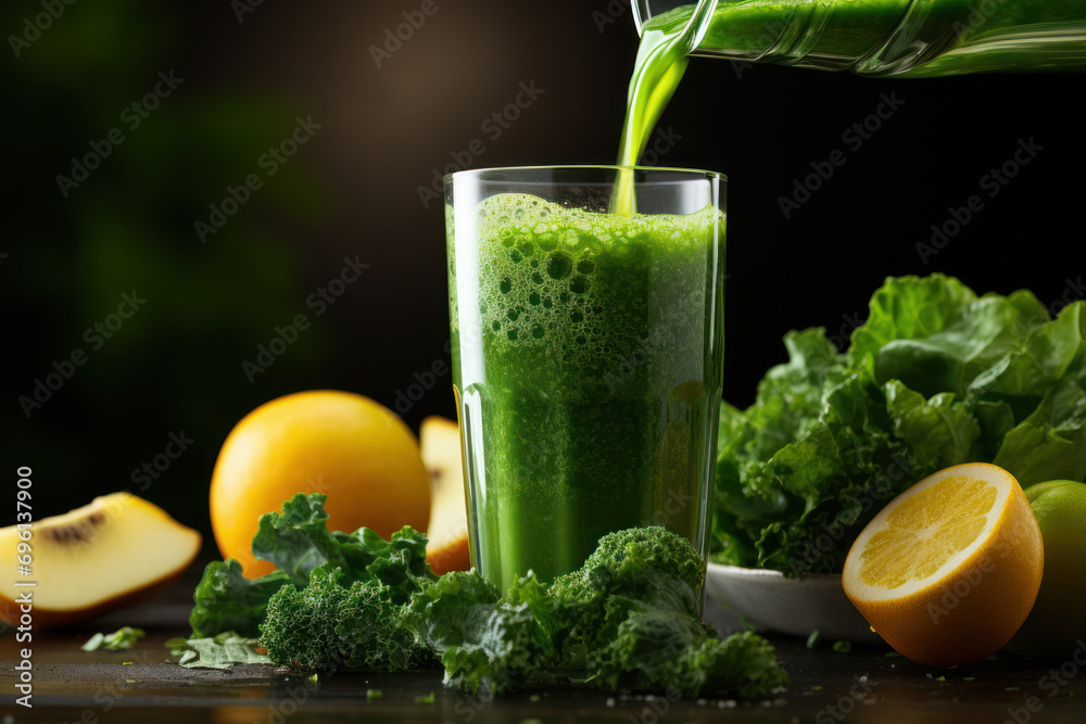 Wall mural A vibrant green smoothie being poured into a glass, made with spinach, kale, and tropical fruits. Concept of a refreshing and healthy beverage. Generative Ai.