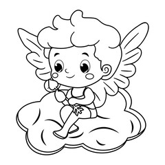 Obraz na płótnie Canvas Coloring outline of cute cupid sits on a cloud with a love arrow in his hand surrounded by hearts. Vector cartoon illustration