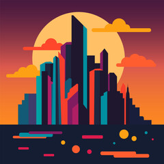 Abstract future metropolis in cyberpunk style against a sunset background. Vector flat illustration.