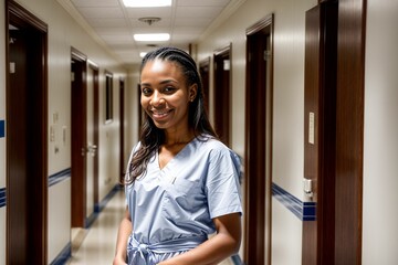 a black ethnic african nurse professional in egypt wearing scrubs in a medical facility - obrazy, fototapety, plakaty