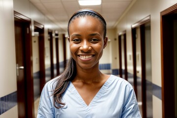 a black ethnic african nurse professional in egypt wearing scrubs in a medical facility - obrazy, fototapety, plakaty