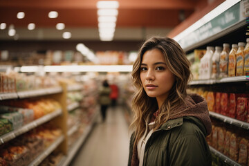 A girl in a grocery store reads product information