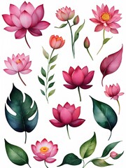 Fototapeta na wymiar set of water colour vector pink lotus flowers isolated and green leaves on white background ,vector, 3d 
