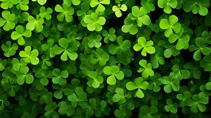 Forest filled with shamrocks background for St. Patrick's Day top view