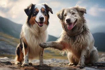  A pair of dogs sharing a friendly handshake, highlighting the humorous nature of canine social etiquette. Concept of paw-shaking camaraderie. Generative Ai. © Sebastian