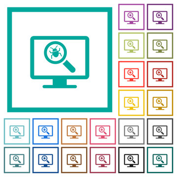 Virus scanning on computer flat color icons with quadrant frames