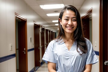 An asian nurse professional portrait in a medical hospital facility smiling, diversity at workplace