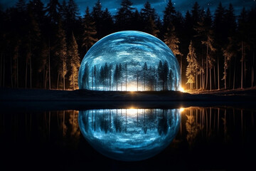 A tranquil lake reflecting the starry night sky, contained within a glass orb--a serene union of Water and Space.