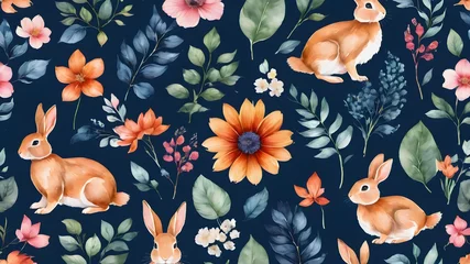 Foto auf Acrylglas seamless pattern with rabbits and flower ,leaves , For surface-design, fabric, textile, card, background, wallpaper © monu