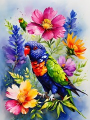 Obraz premium water colour painting of parrot and flowers, tropical parrot cartoon, tropical background with birds, flowers and leaves