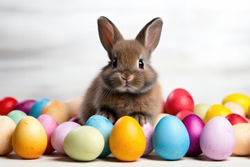 Fototapeta na wymiar bunny surrounded by colorful Easter eggs. white background. Generative AI
