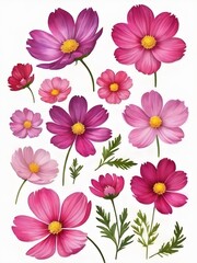 set of water colour vector pink flowers isolated and green leaves on white background ,vector, 3d 