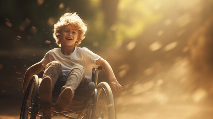 Portrait of disabled boy in wheelchair in summer forest. Happy disabled child on wheelchair. - obrazy, fototapety, plakaty