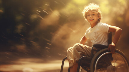 Portrait of disabled boy sitting in wheelchair on blurred nature background. - obrazy, fototapety, plakaty