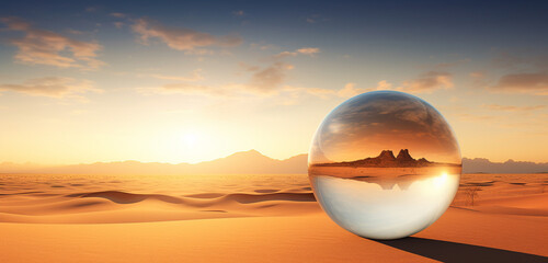 A vast, arid desert with rolling sand dunes, a cloudless sky, and the shimmering heat creating a mirage on the horizon within a glass globe.